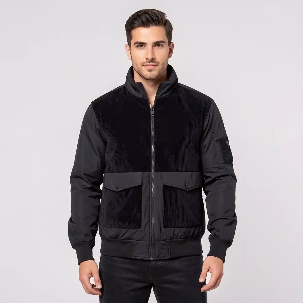 Guess $225 Mens Fabian Corduroy Mixed Puffer Jacket Jet Black Medium NWT